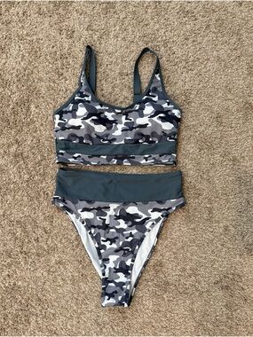 Salty Wave Gray & White Camo Two-Piece Bikini (top & high cut bottom) Swim Set